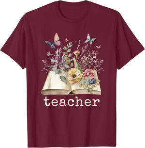 Beautiful Floral Open Book Teacher Men Women T-Shirt - T-Shirt | Maroon