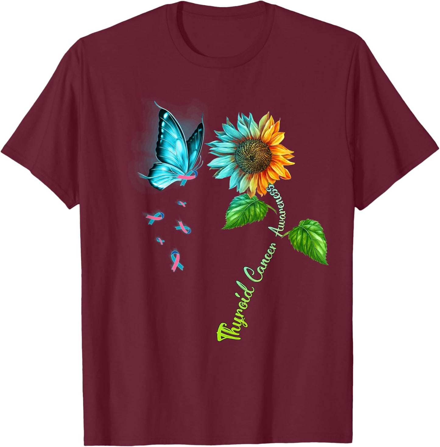 Butterfly Sunflower Thyroid Cancer Awareness T-Shirt - T-Shirt | Maroon