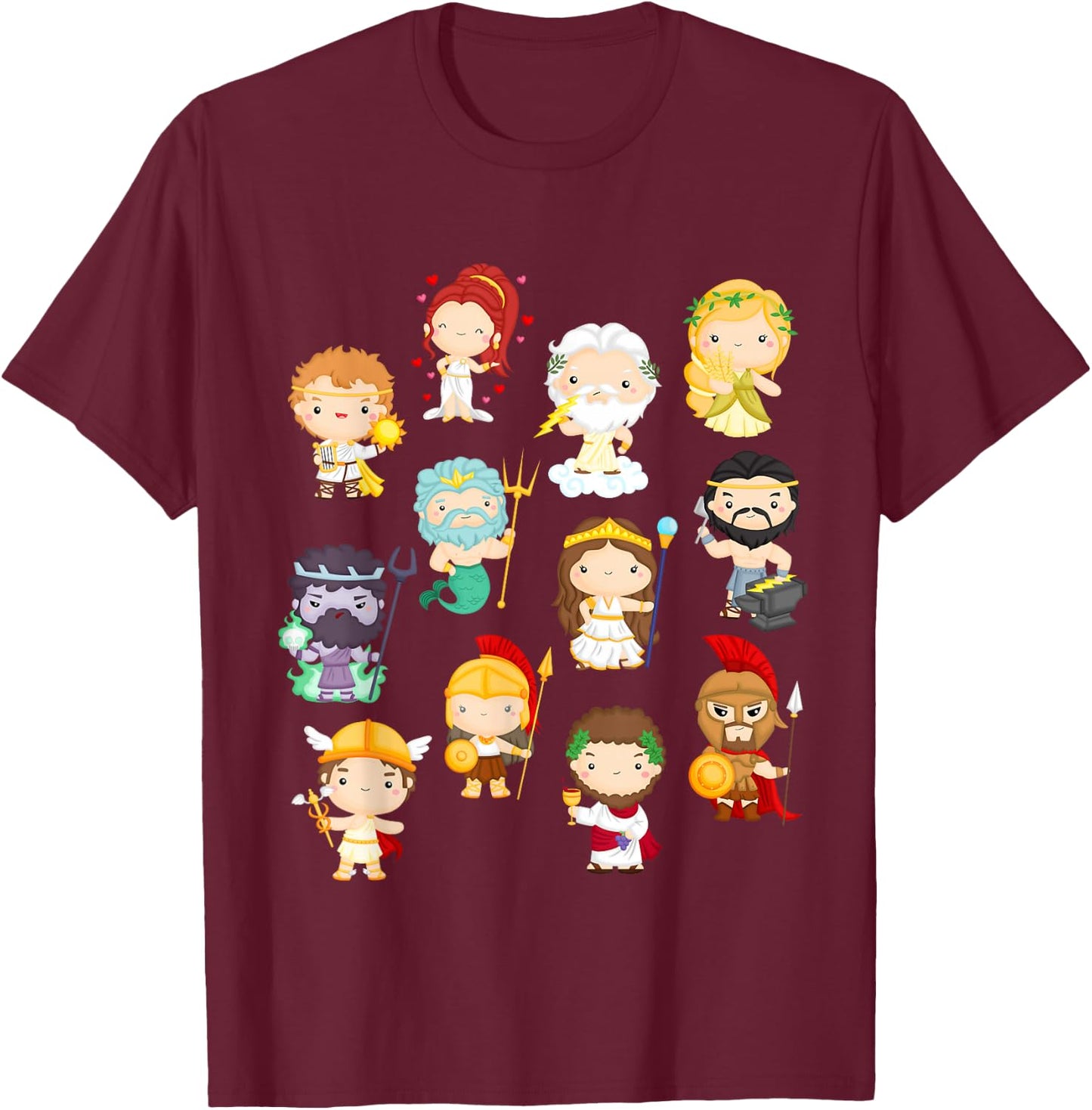 Legendary Cartoon Greek Gods & Goddesses: Kids and Adults T-Shirt - T-Shirt | Maroon