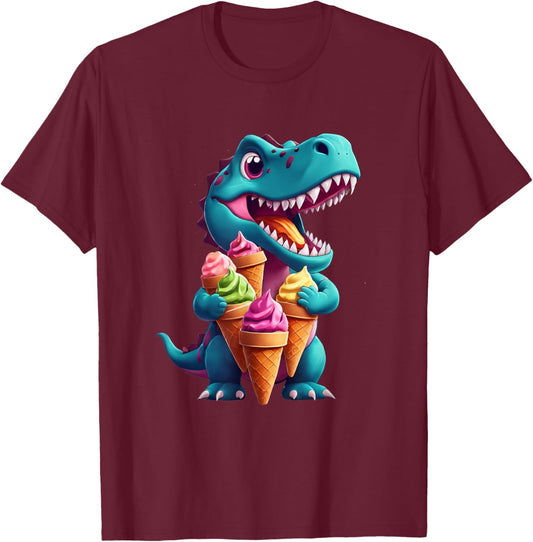 T-Rex Dinosaur Eating Ice Cream Cone Party Men Women Kids T-Shirt - T-Shirt | Maroon