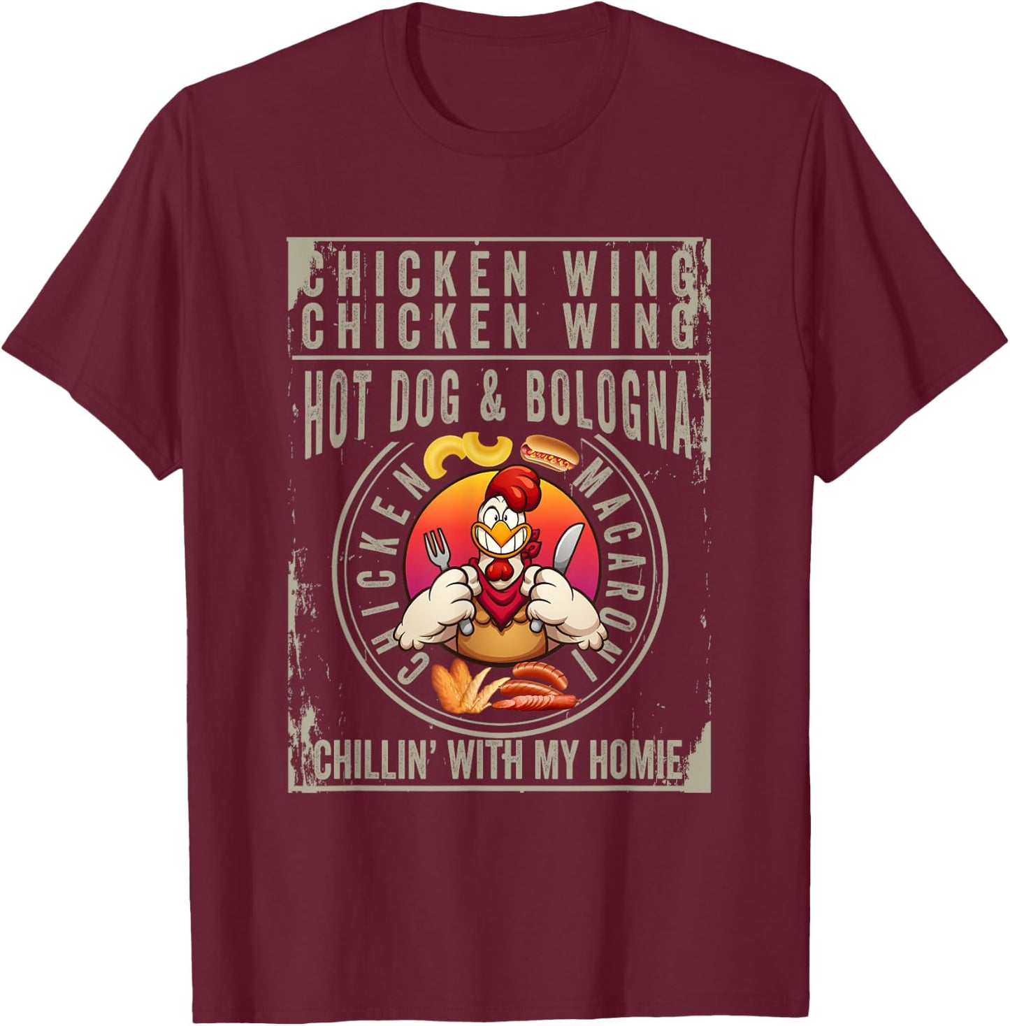 Cooked Chicken Wing Chicken Wing Hot Dog Bologna Macaroni Men Women Kids T-Shirt - T-Shirt | Maroon