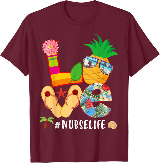 Love Summer Pineapple Tropical Flower Flip Flop Nurse Life T-Shirt - T-Shirt | Maroon