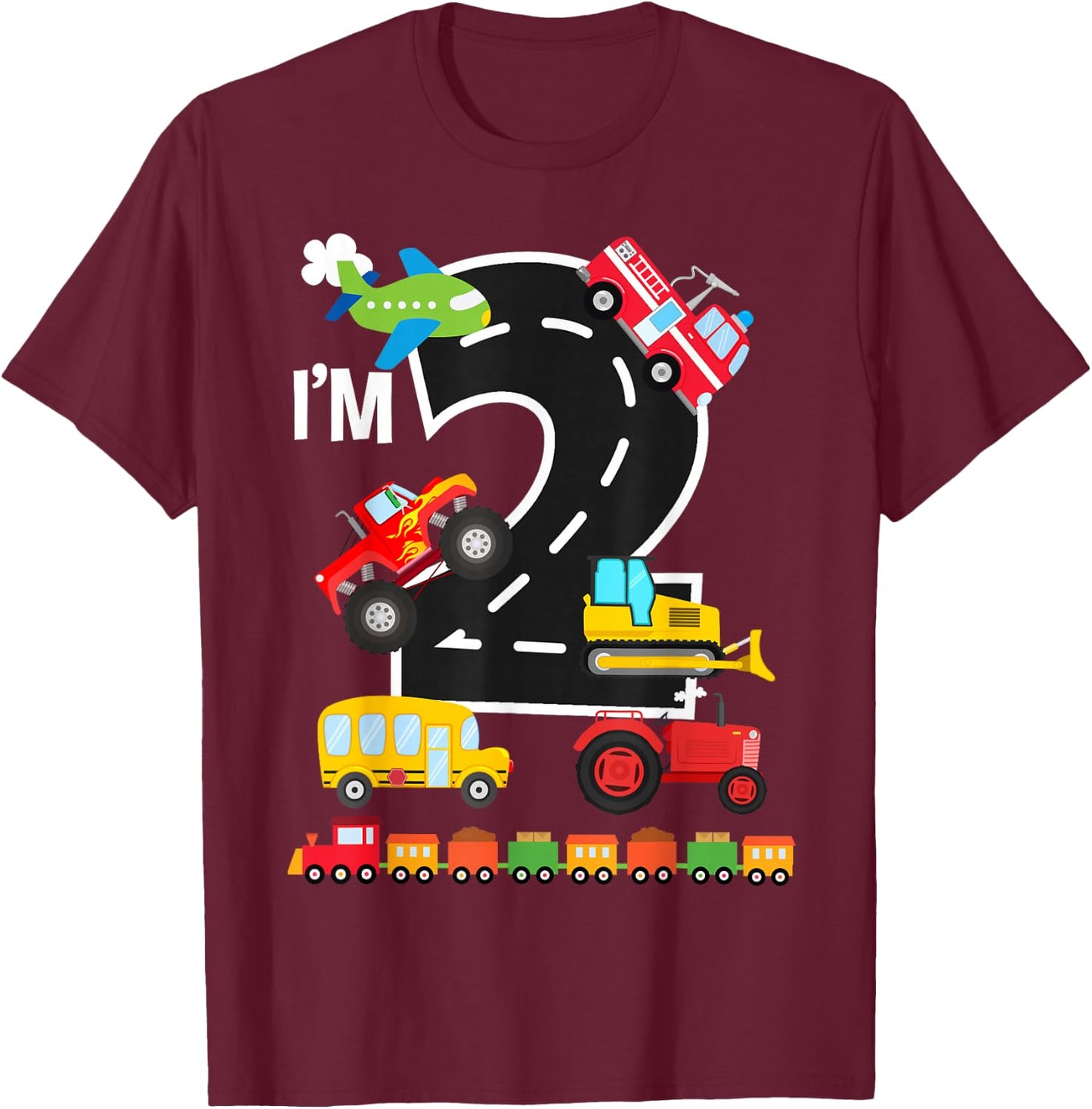 I'm 2 2nd Birthday Trucks Vehicles Transportation Train T-Shirt - T-Shirt | Maroon
