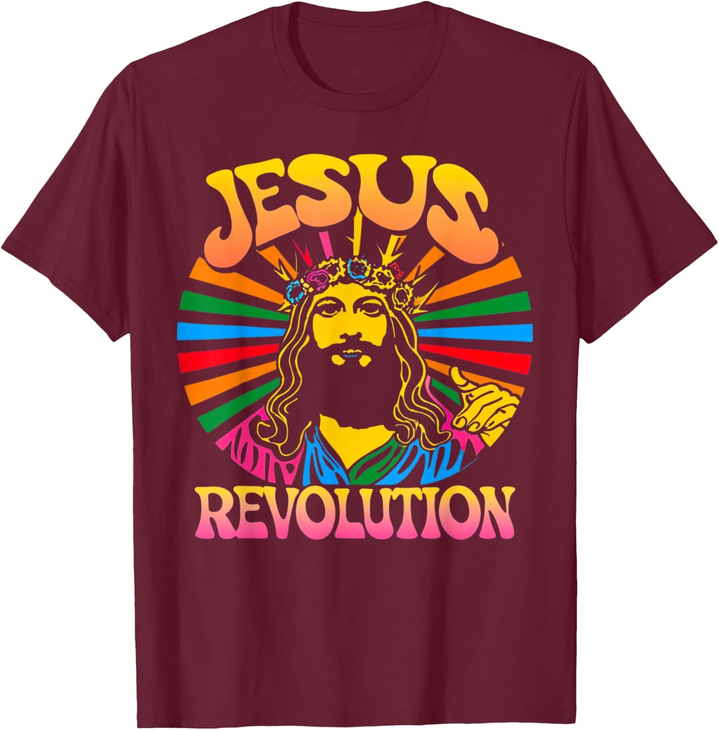 Jesus Revolution Christian Faith Retro Groovy Hippie Flower T-Shirt - T-Shirt | Maroon