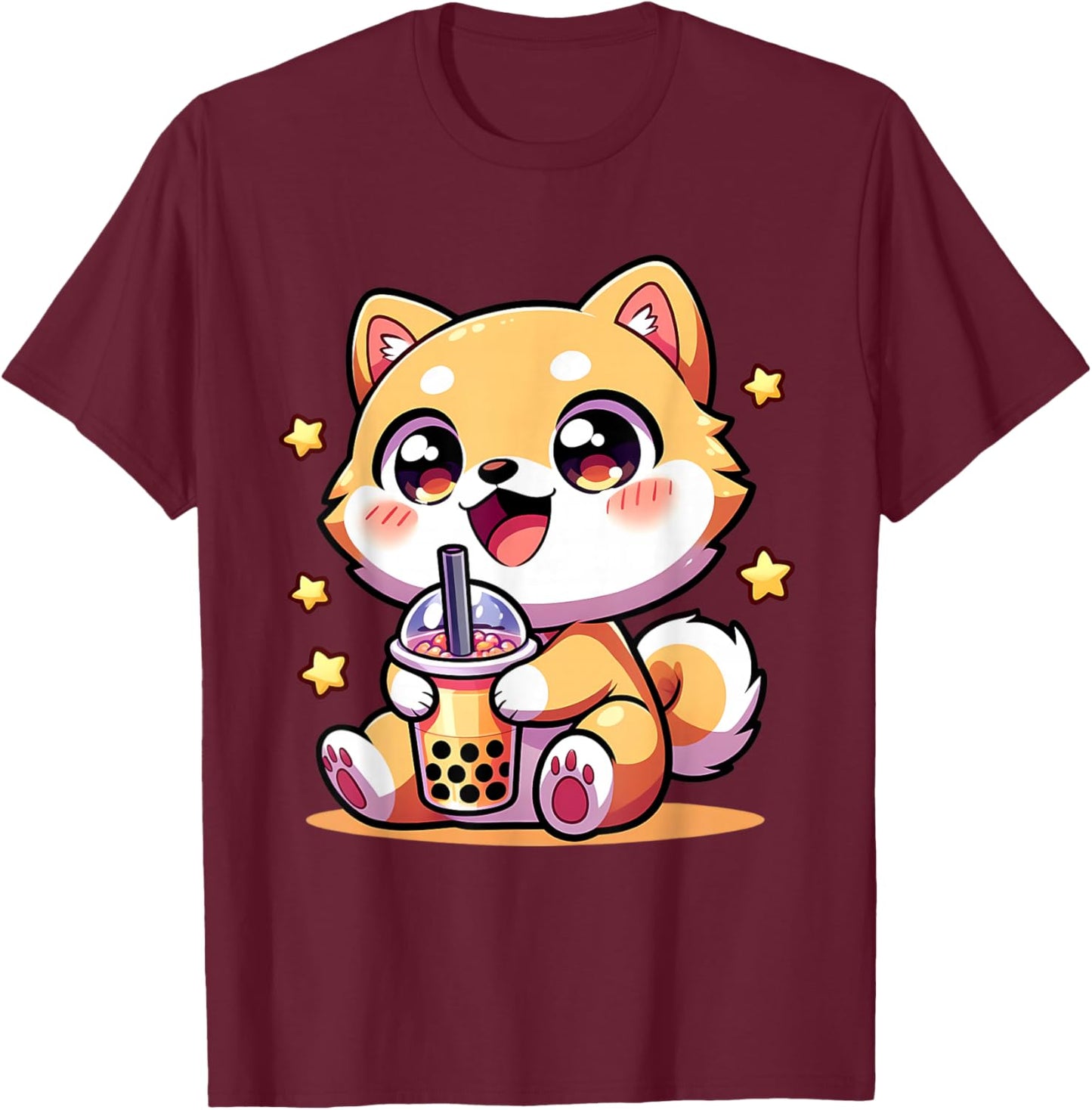 Kawaii Shiba Inu Dog Bubble Tea Anime Chibi T-Shirt - T-Shirt | Maroon