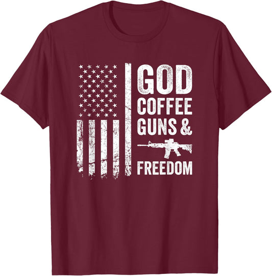 GOD COFFEE GUNS & FREEDOM - USA Flag Funny Pro Gun Women Men T-Shirt - T-Shirt | Maroon