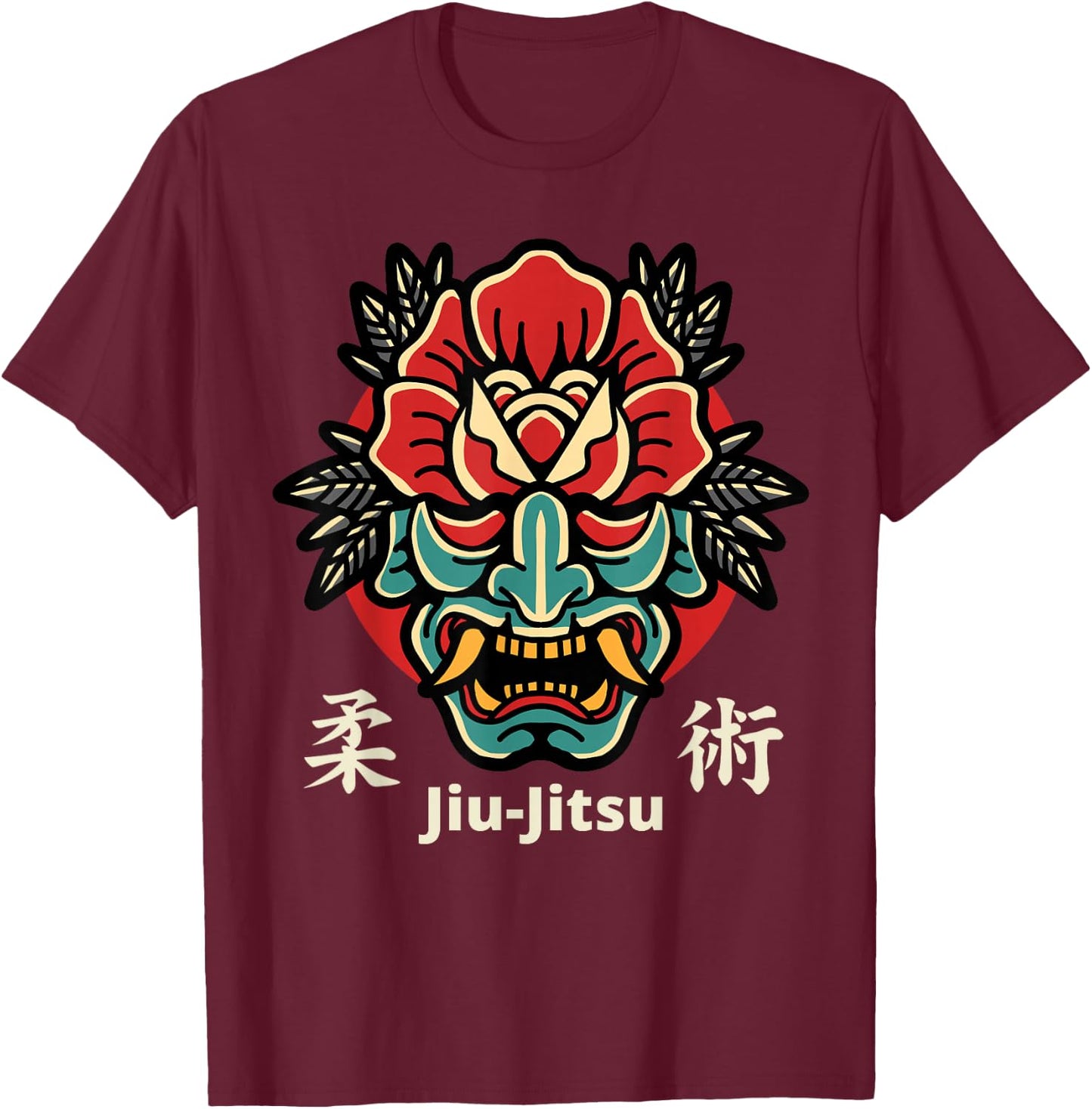 Japanese Demon Oni Mask, Kabuki Jiu-Jitsu Kanji T-Shirt - T-Shirt | Maroon