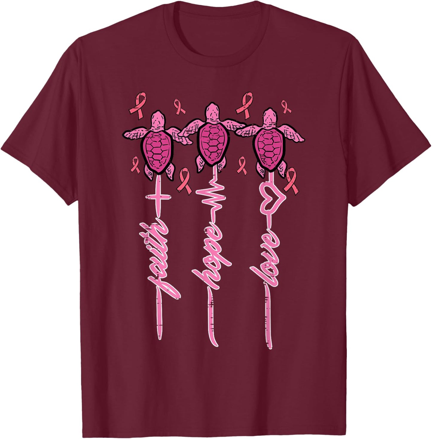 Breast Cancer Awareness Turtles Faith Hope Men Women Kids T-Shirt - T-Shirt | Maroon