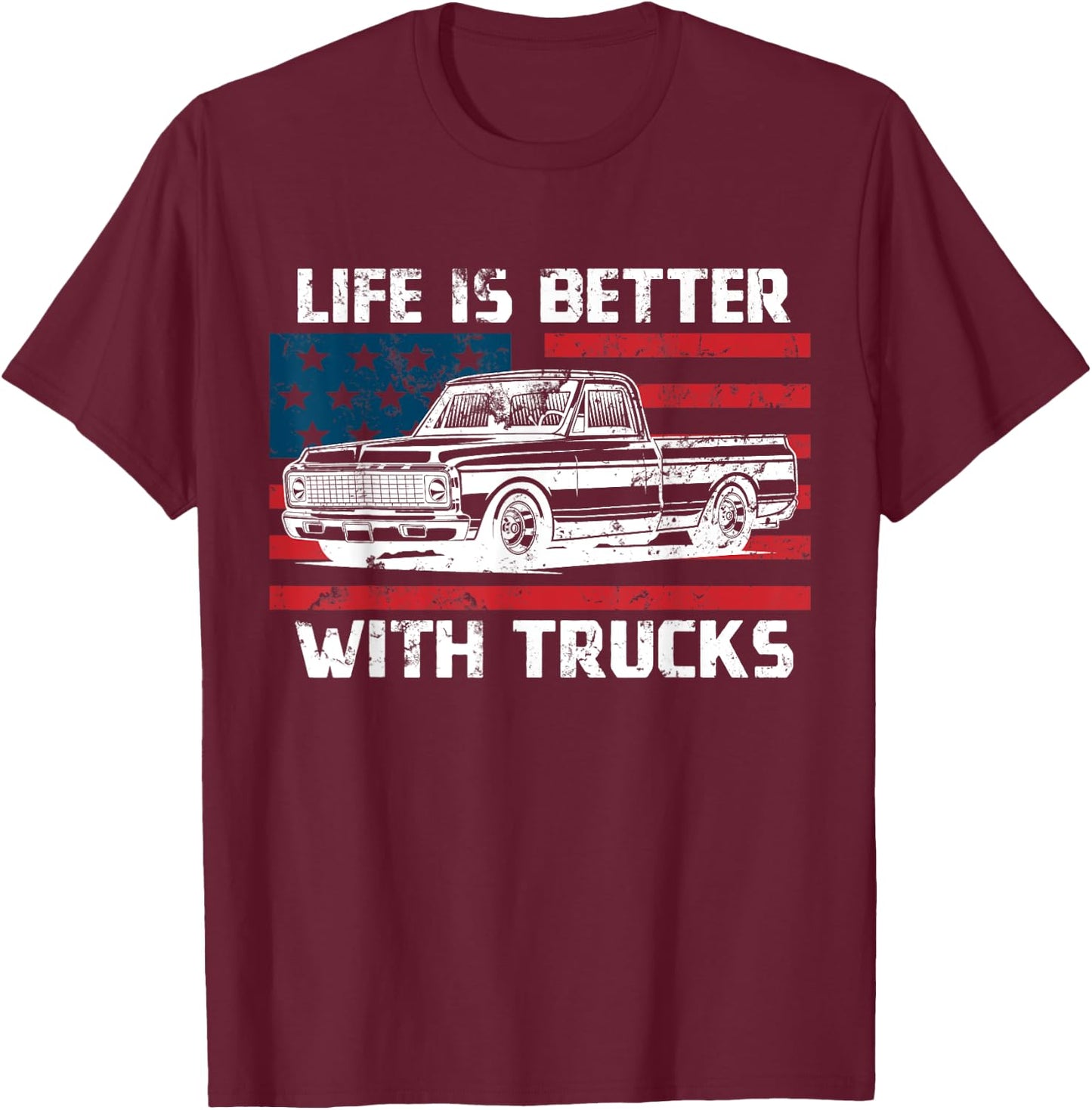 Vintage Life Is Better With Trucks USA Flag Truck Shirts Women Men T-Shirt - T-Shirt | Maroon