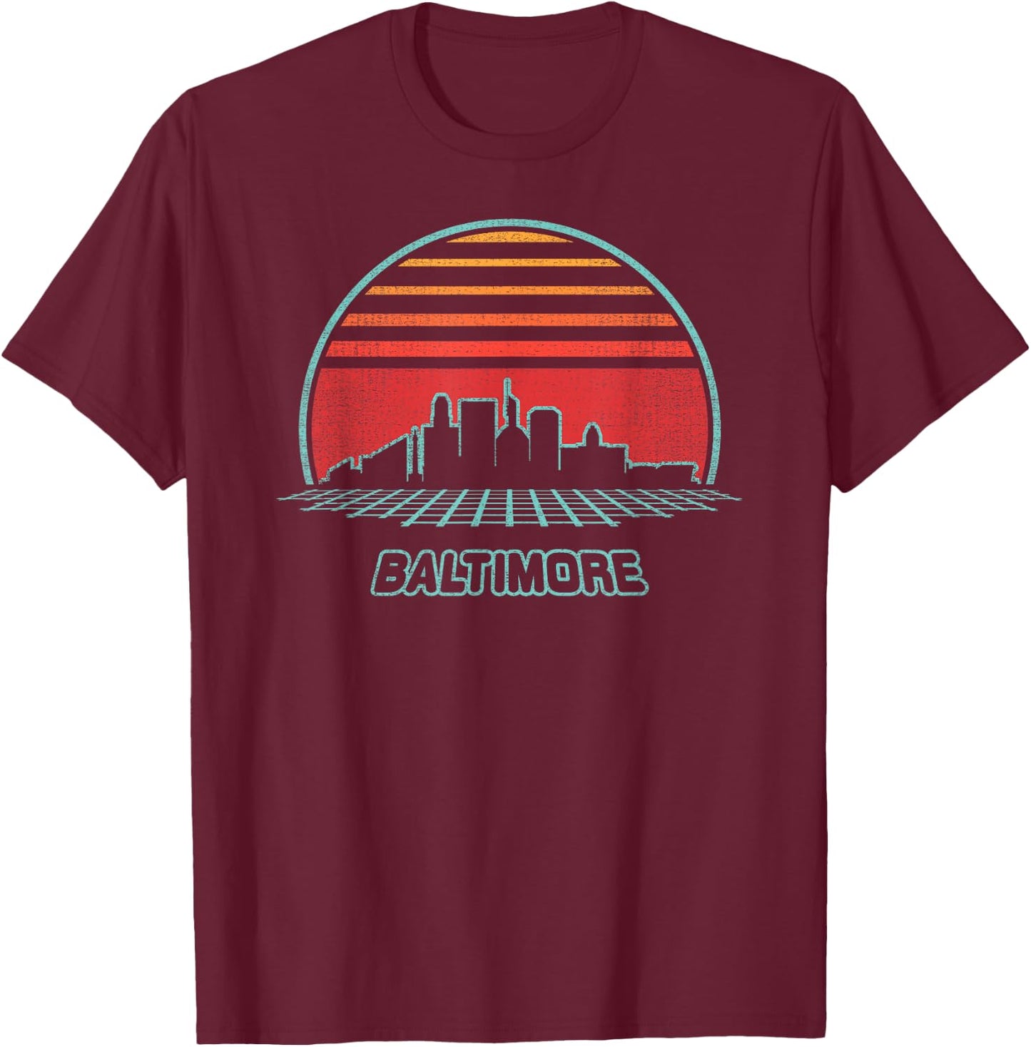 Baltimore City Skyline Retro 80s Style Souvenir Gift T-Shirt - T-Shirt | Maroon