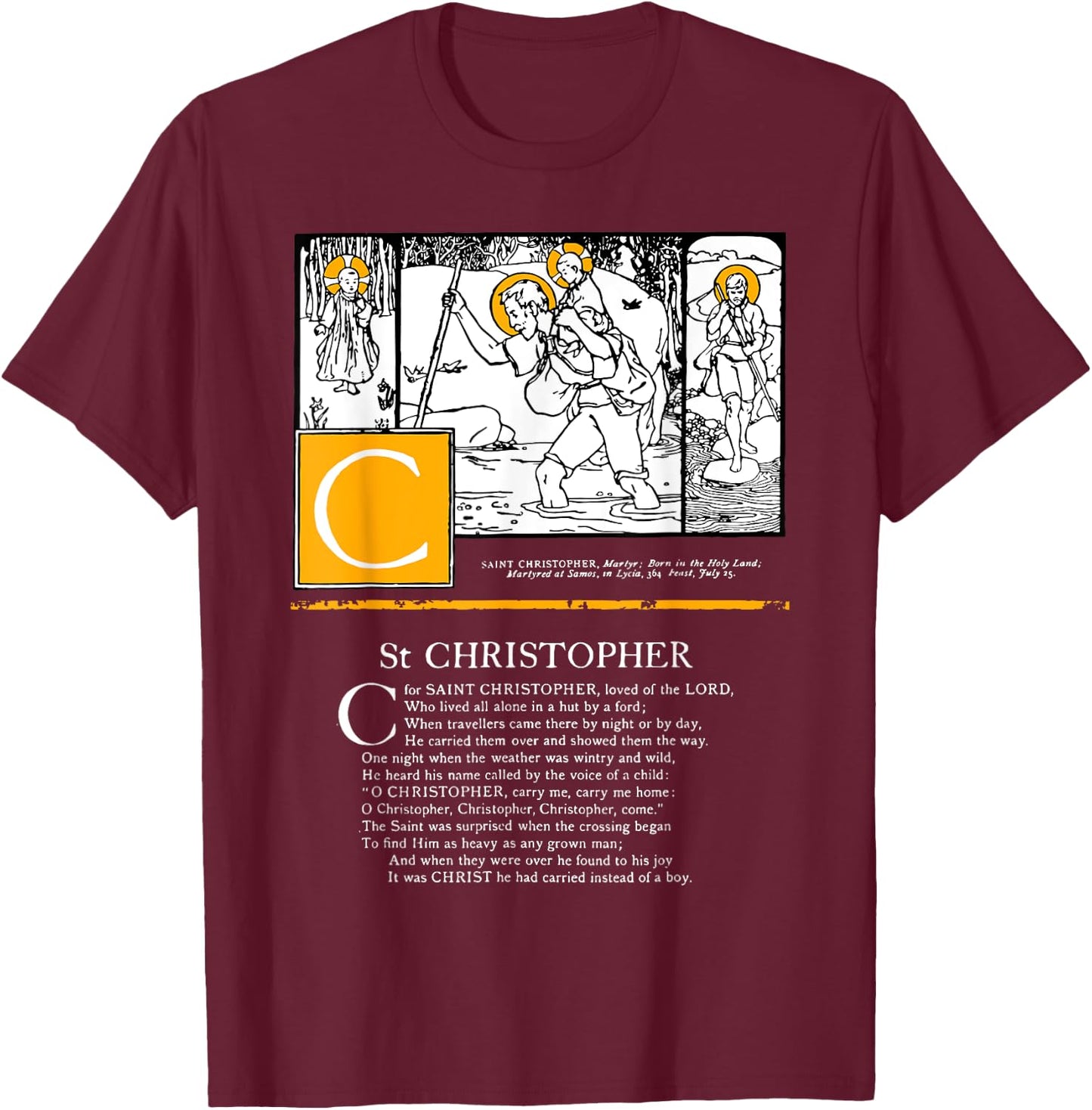 Saint Christopher Protect Us Safety Saint Alphabet Catholic T-Shirt - T-Shirt | Maroon