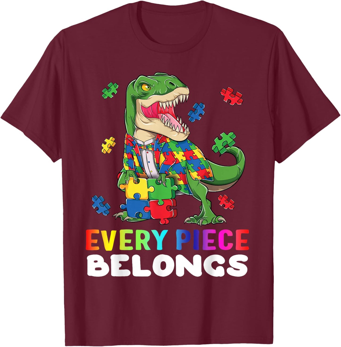 T rex Dinosaur Puzzle Piece Autism Awareness Boys Kids Gift T-Shirt - T-Shirt | Maroon