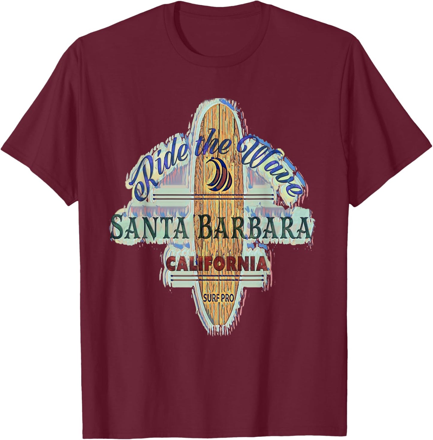 Santa Barbara Surfing Distressed Vintage Retro Surfboard T-Shirt - T-Shirt | Maroon