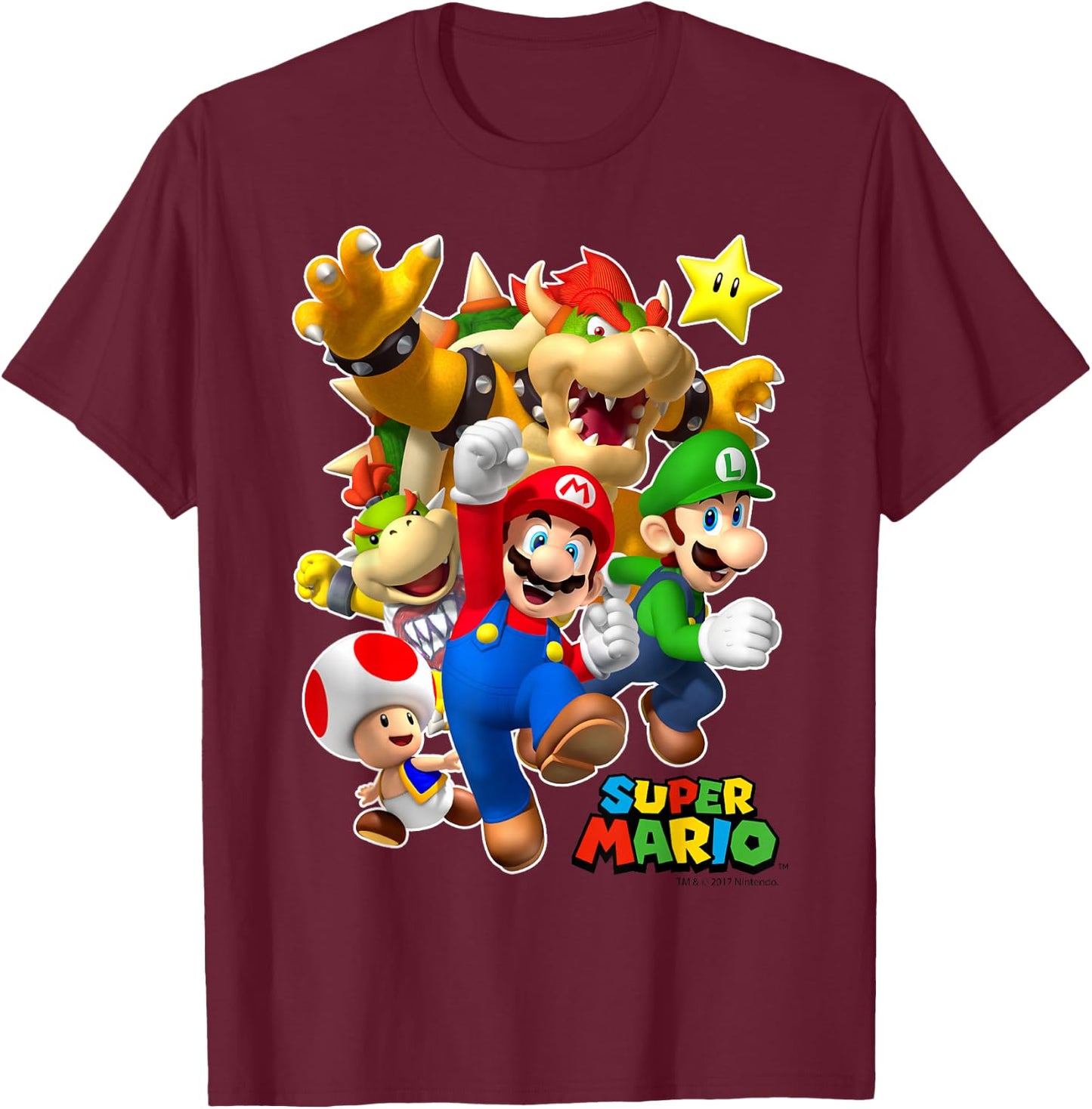 Super Mario Group Shot with Bowser 3D Poster T-Shirt - T-Shirt | Maroon