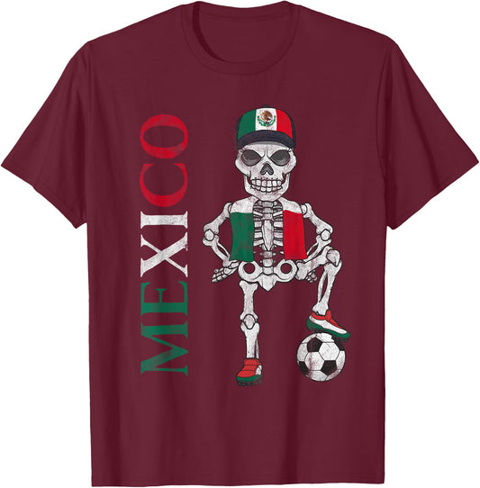 Mexico Soccer Skeleton Fan Flag Team T-Shirt - T-Shirt | Maroon