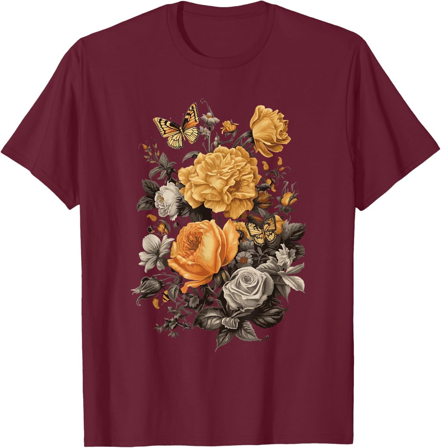 Vintage Flowers Floral Pressed Flower T-Shirt - T-Shirt | Maroon