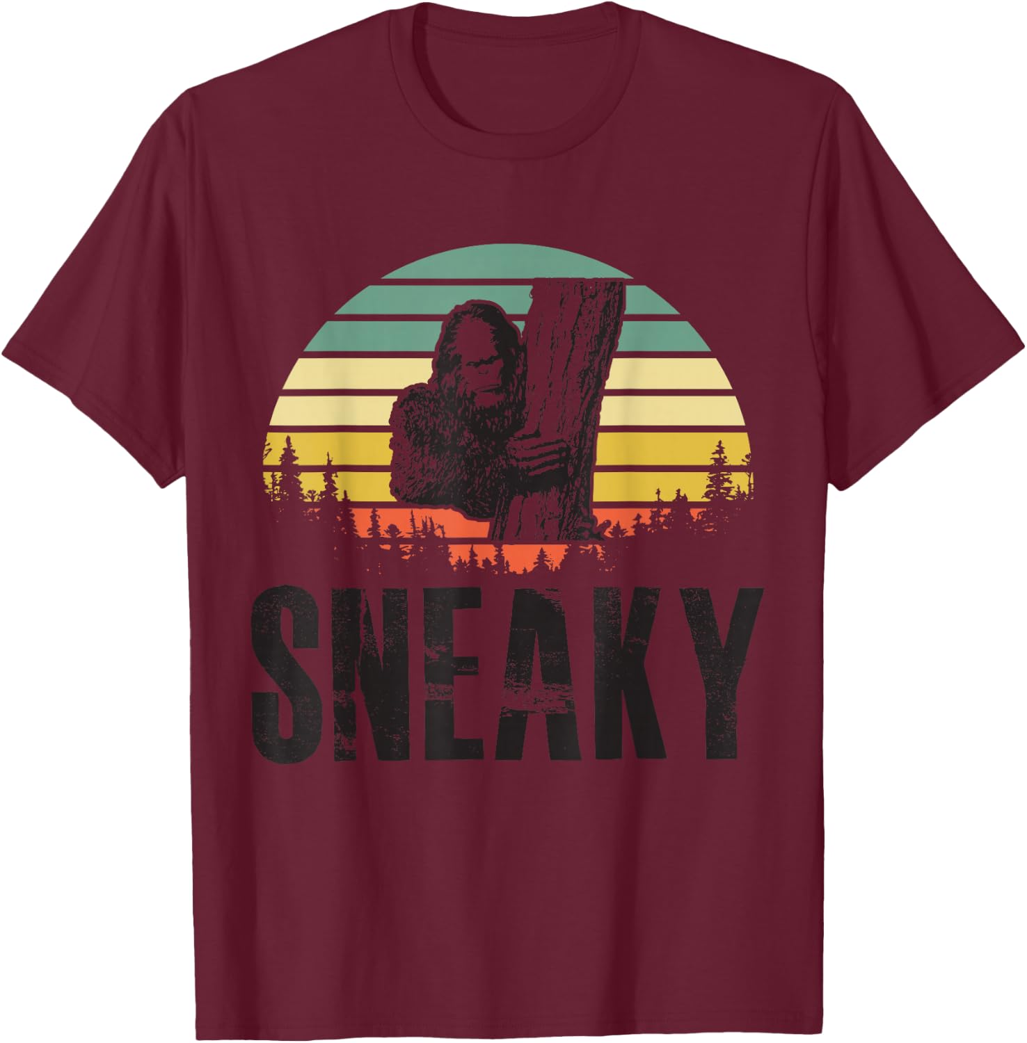 Sasquatch Sneaky, Sneaky Retro Bigfoot T-Shirt - T-Shirt | Maroon
