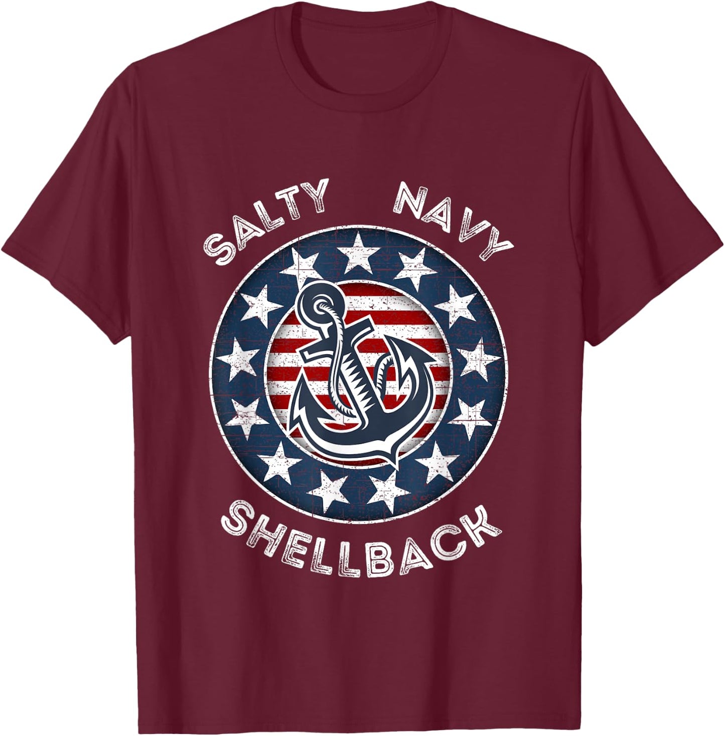 Navy Salty Shellback American Flag and Anchor T-Shirt - T-Shirt | Maroon