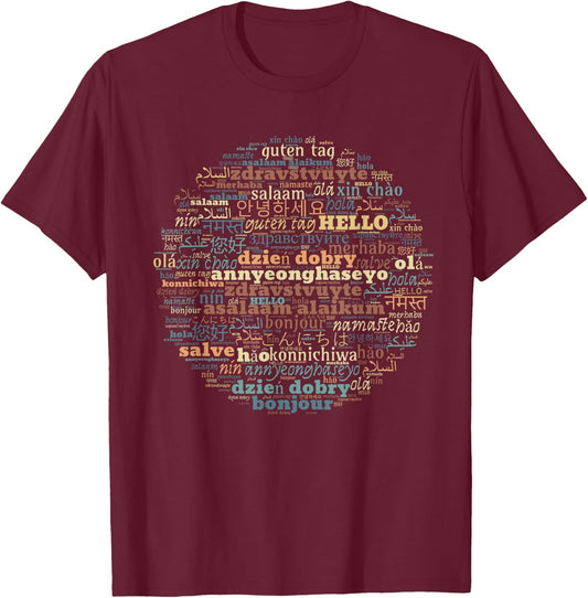 Multilingual Teacher Hello In Different Languages T-Shirt - T-Shirt | Maroon