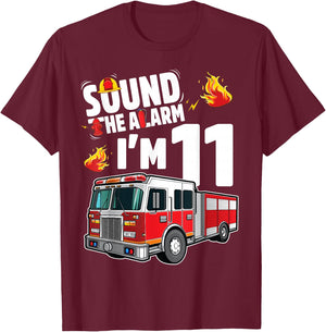 Fire Truck 11th Birthday Boy Firefighter 11 Year Old T-Shirt - T-Shirt | Maroon