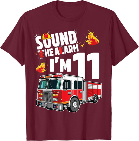 Fire Truck 11th Birthday Boy Firefighter 11 Year Old T-Shirt - T-Shirt | Maroon