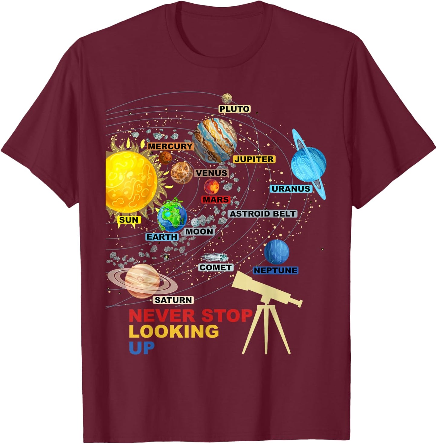 Solar System Planets - Never Stop Looking Up - Astronomy T-Shirt - T-Shirt | Maroon