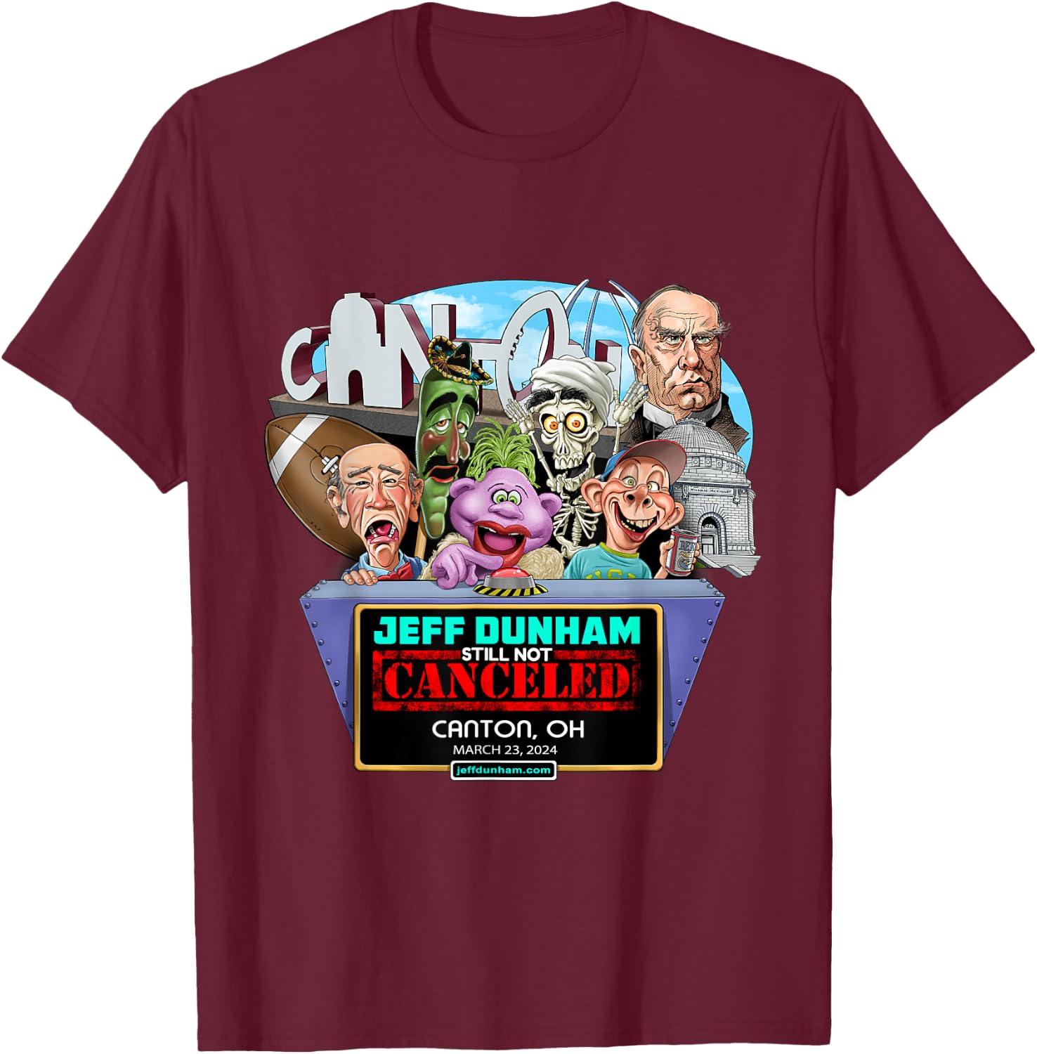 Jeff Dunham Canton, OH (2024) T-Shirt - T-Shirt | Maroon