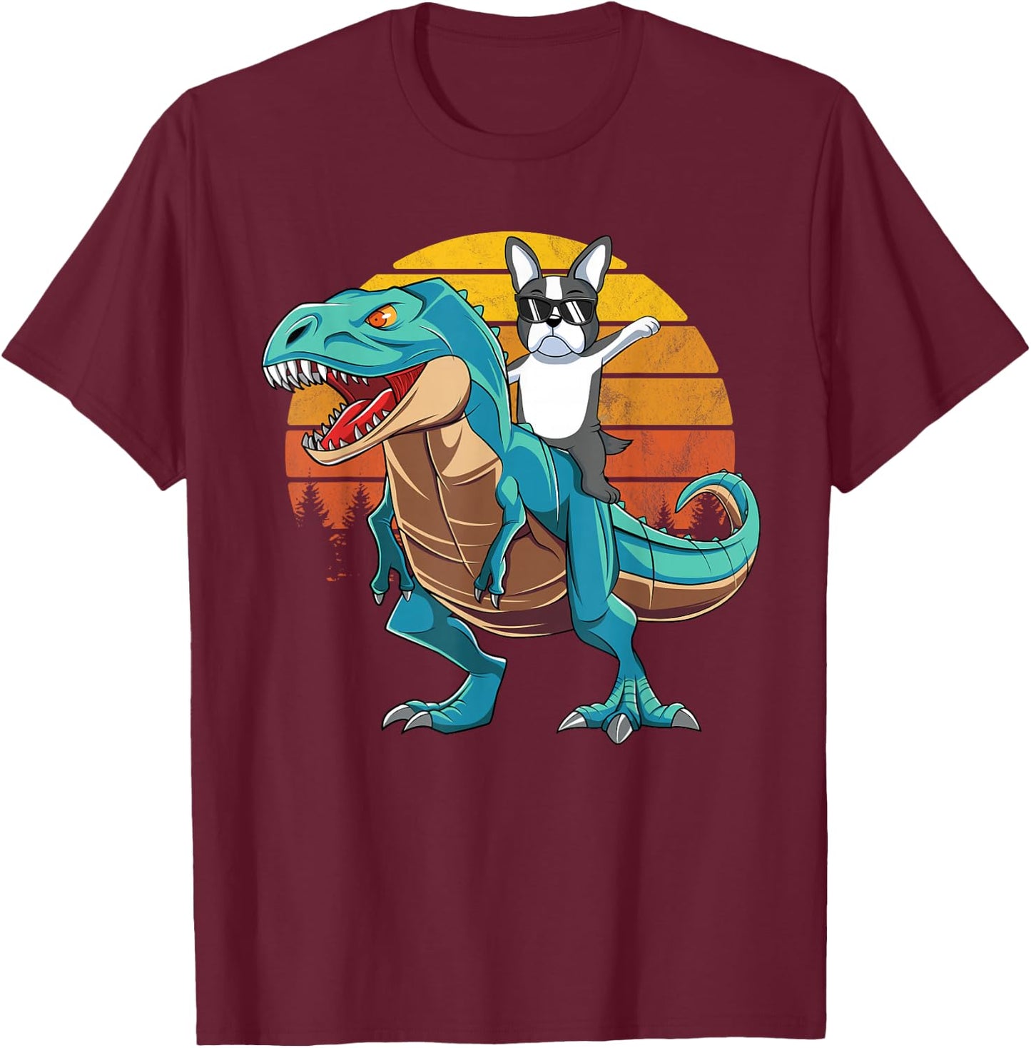Boston Terrier Dog Riding Dinosaur T Rex Boys T-Shirt - T-Shirt | Maroon