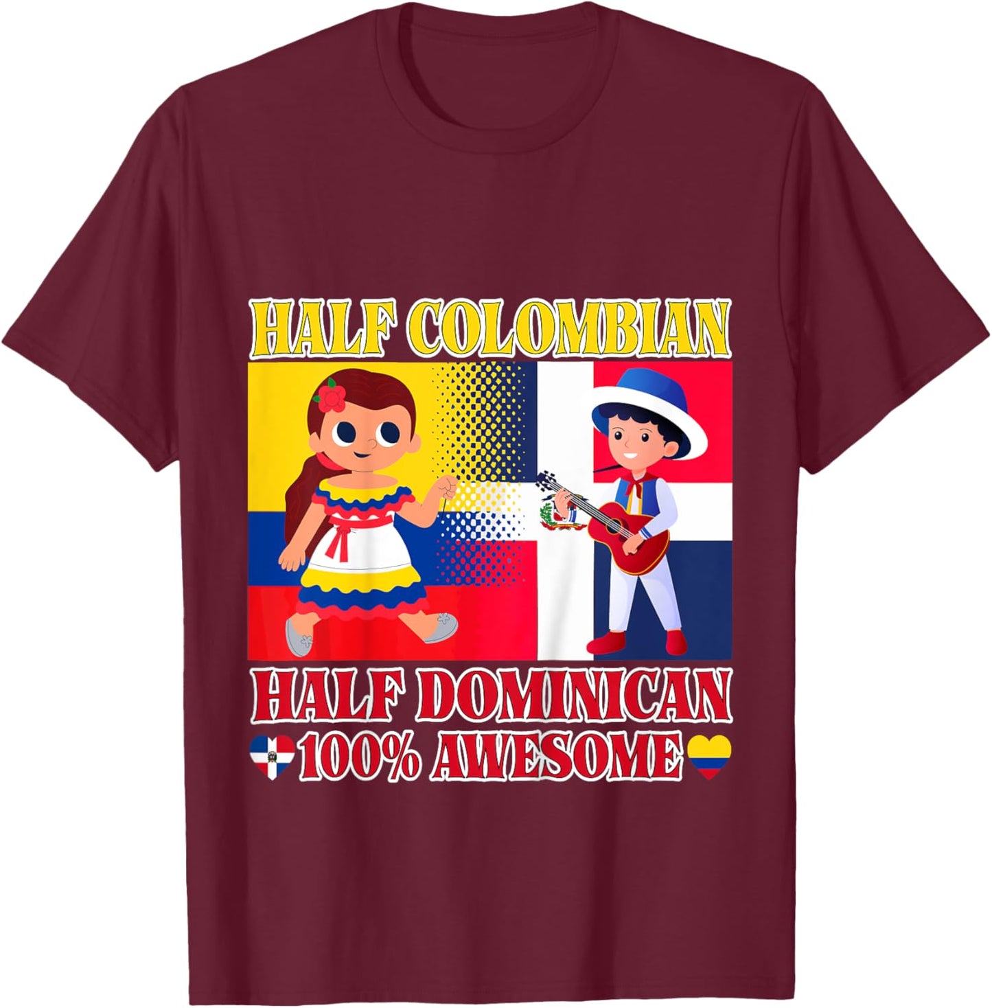 Half Colombian Half Dominican Republic Flag Toddler Girl Boy T-Shirt - T-Shirt | Maroon