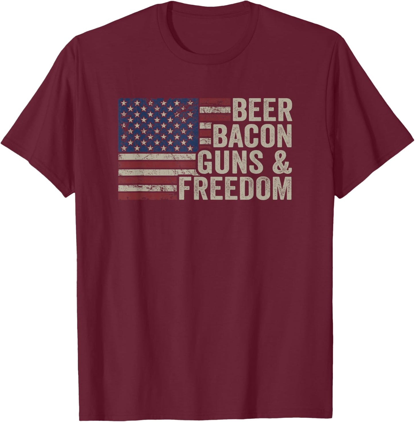 Beer Bacon Guns & Freedom - BBQ Vintage USA Flag Drinking T-Shirt - T-Shirt | Maroon