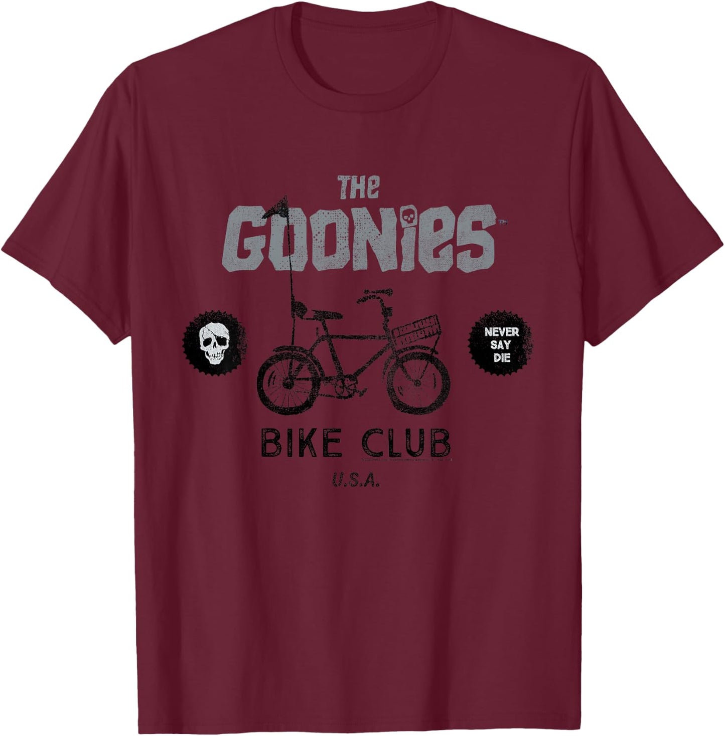 Kids The Goonies Bike Club Never Say Die Text T-Shirt - T-Shirt | Maroon