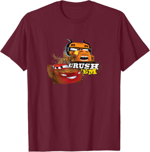 Disney Pixar Cars Crush 'Em Miss Fritter & McQueen Shot T-Shirt - T-Shirt | Maroon