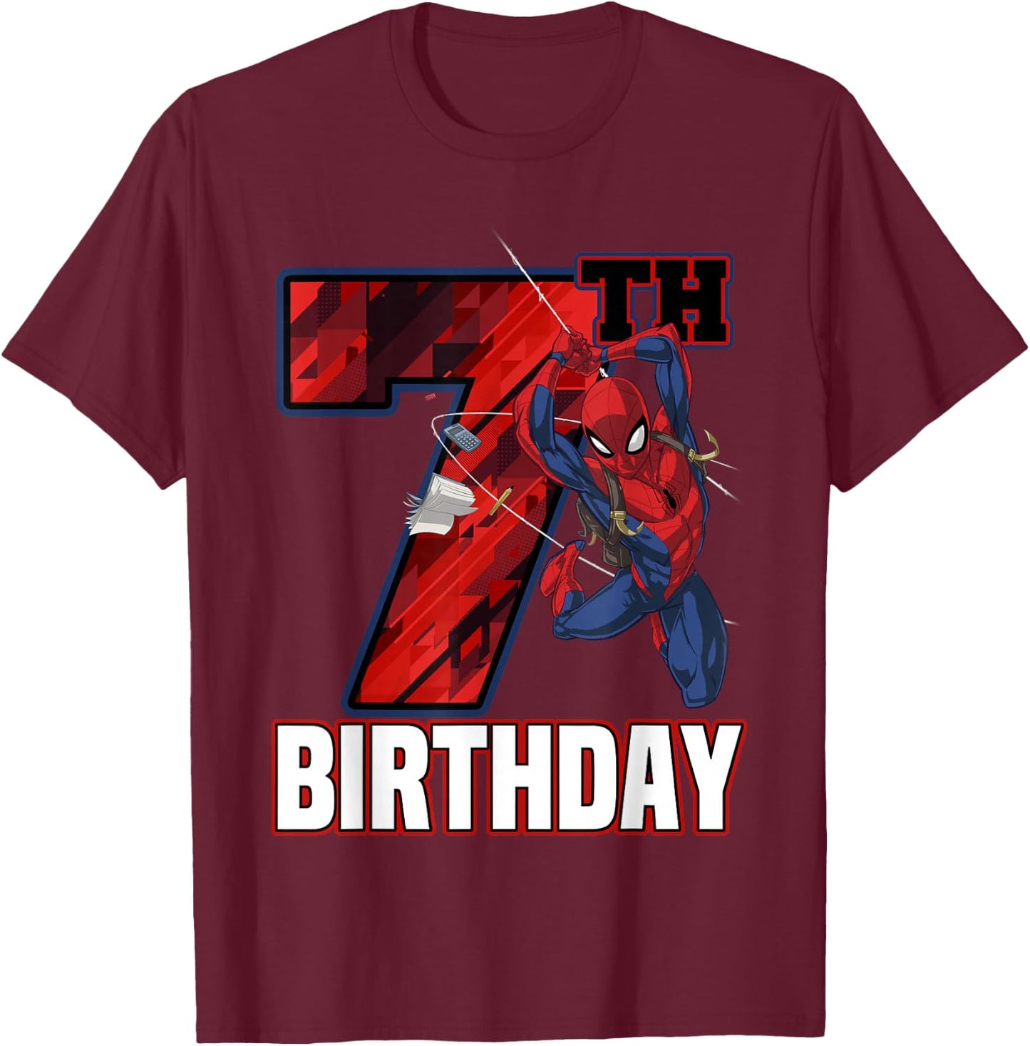 Marvel Spider-Man Web Swing 7th Birthday T-Shirt - T-Shirt | Maroon