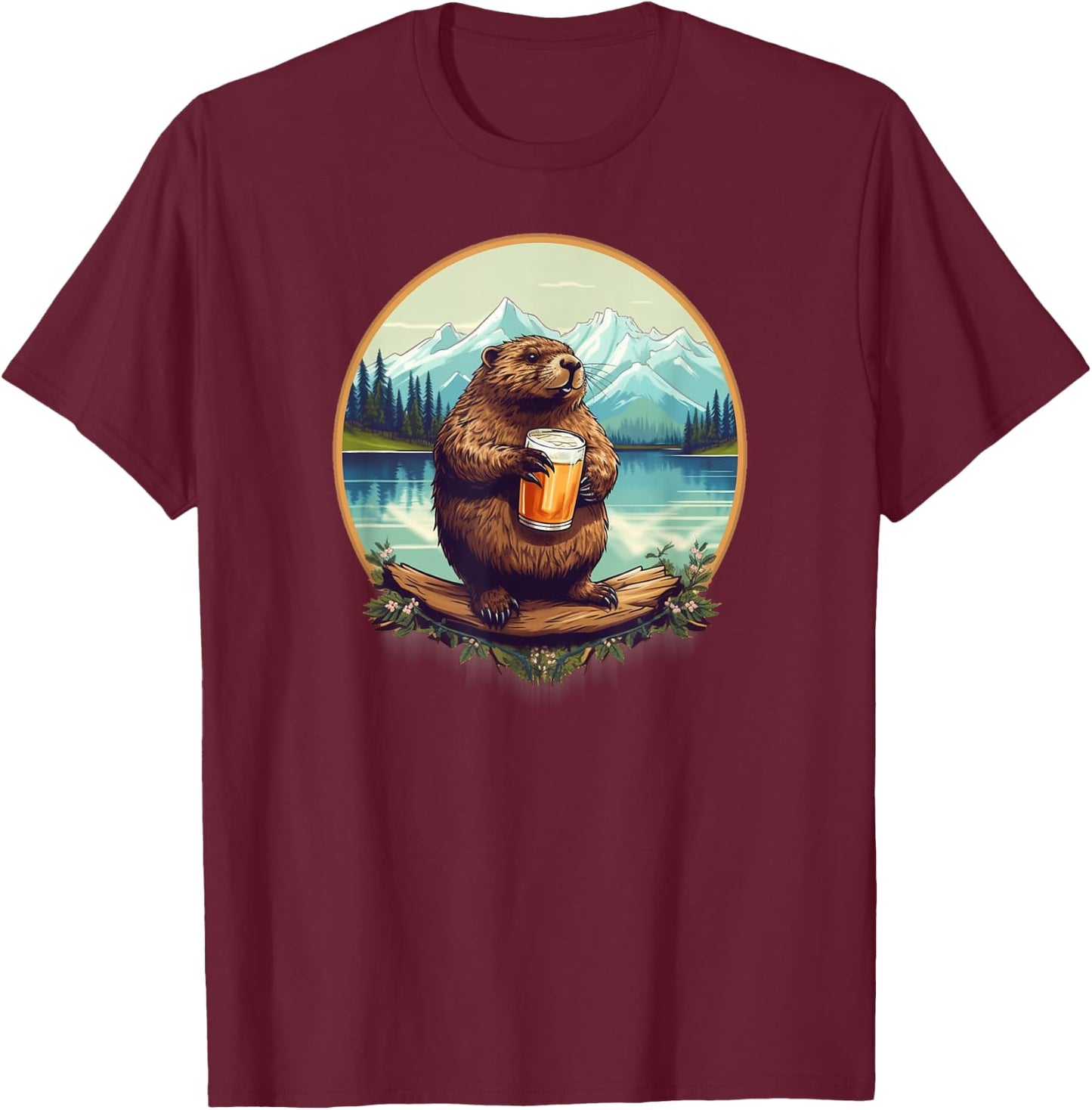 Beer Drinking Beaver in the Mountain Outdoors T-Shirt - T-Shirt | Maroon