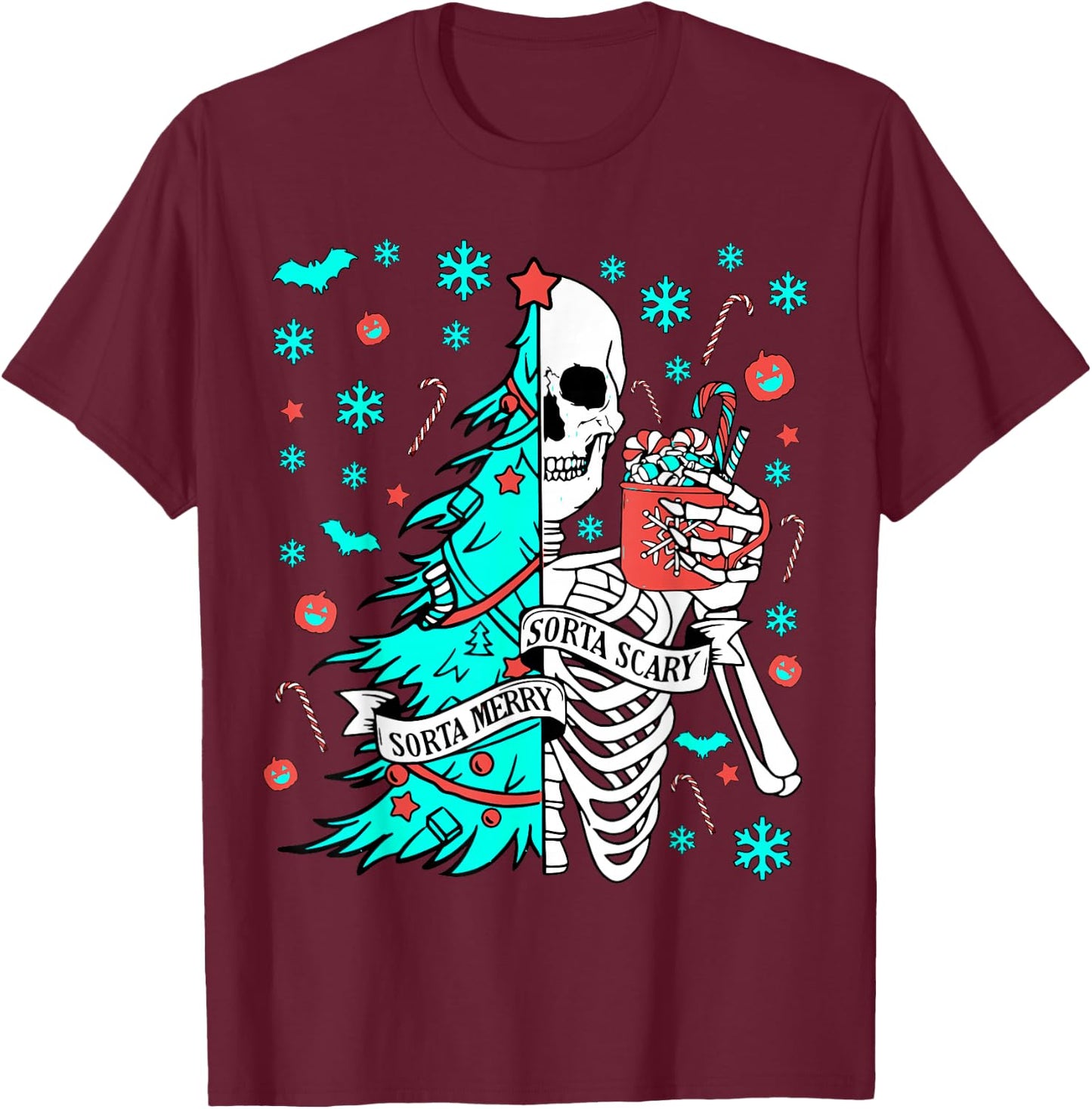 Sorta Merry Sorta Scary Funny Christmas Skeleton Tree Santa T-Shirt - T-Shirt | Maroon