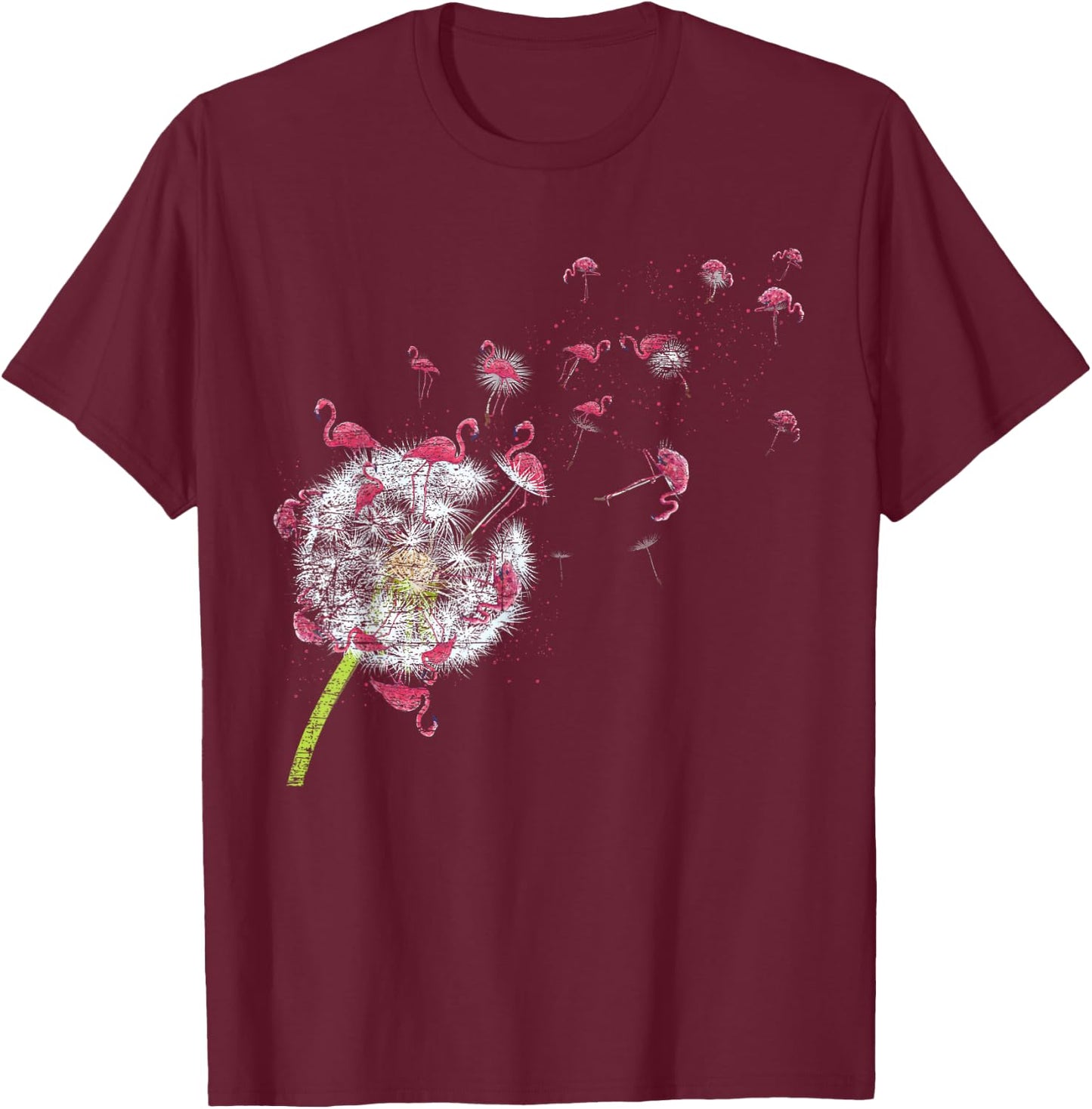 Bird Dandelion Tropical Animal Exotic Floral Pink Flamingo T-Shirt - T-Shirt | Maroon
