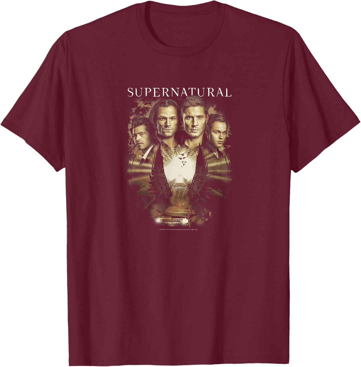 Supernatural Group Shot Sepia Tone Wings T-Shirt - T-Shirt | Maroon