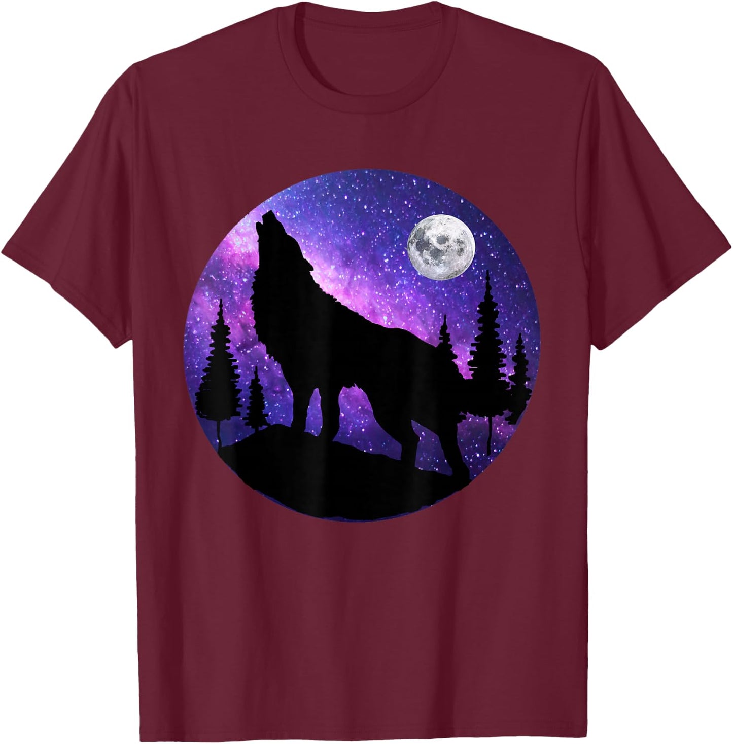 Howling Wolf Under The Full Moon With Purple Galaxy Sky T-Shirt - T-Shirt | Maroon