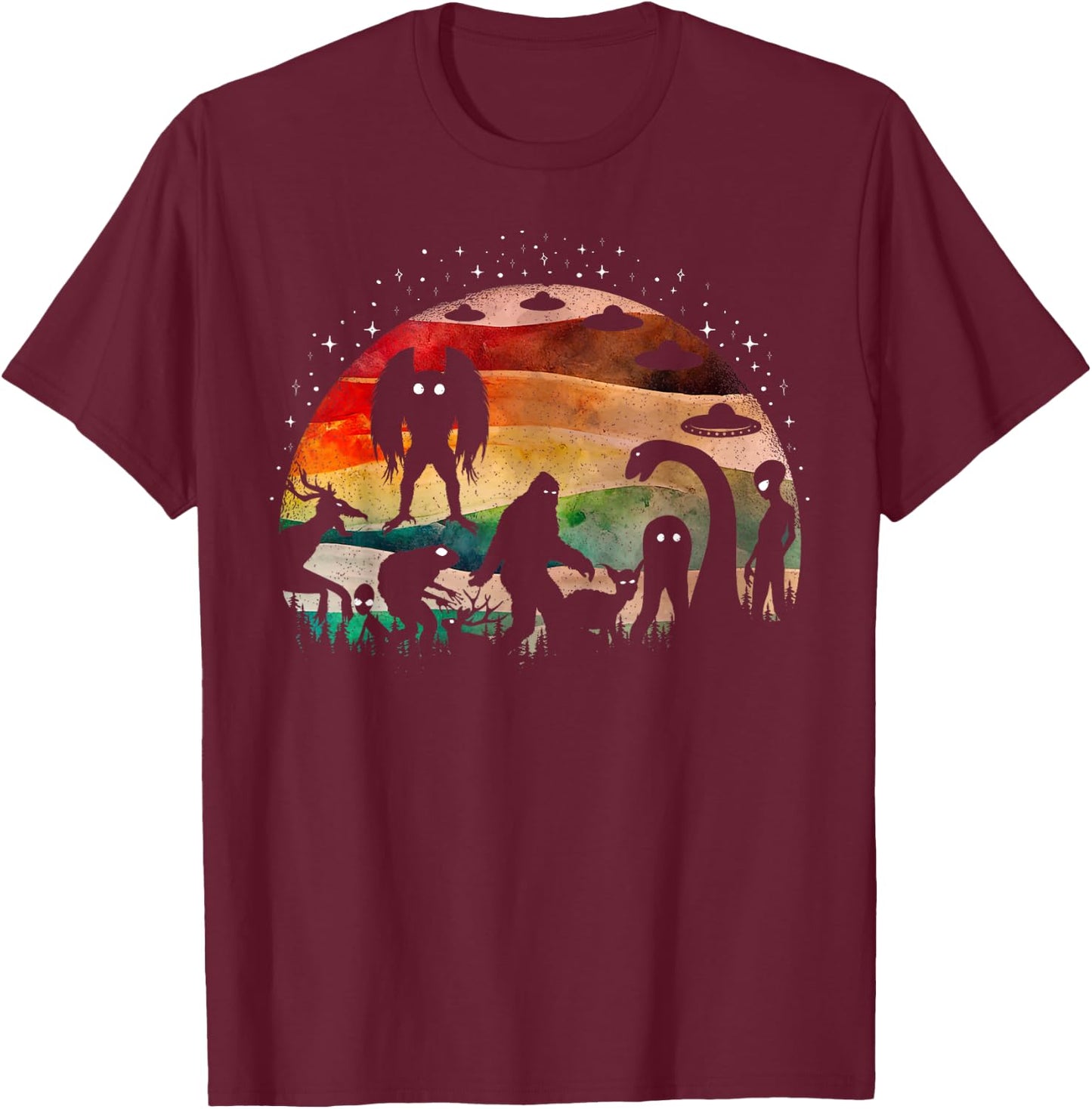 Retro Cryptid Funny Bigfoot Mothman And Aliens Cryptozoology T-Shirt - T-Shirt | Maroon