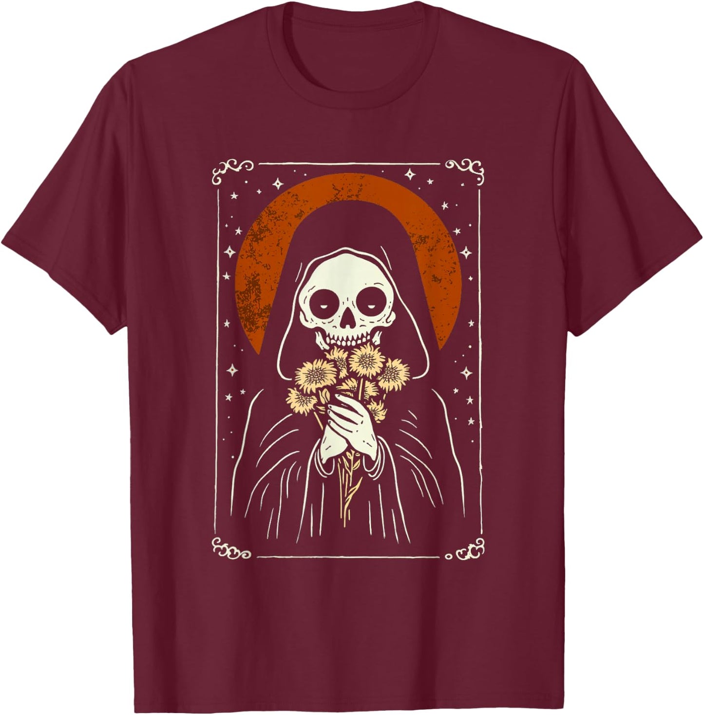 Death Brings Flowers Cute Reaper Skull And Bouquet T-Shirt - T-Shirt | Maroon
