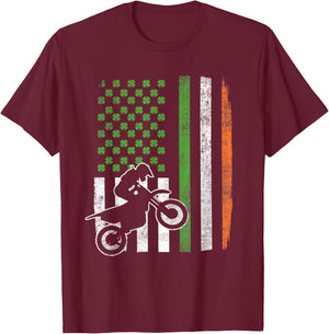 Vintage Motocross St Patricks Day Irish American Flag Gift Women Kids Men T-Shirt - T-Shirt | Maroon
