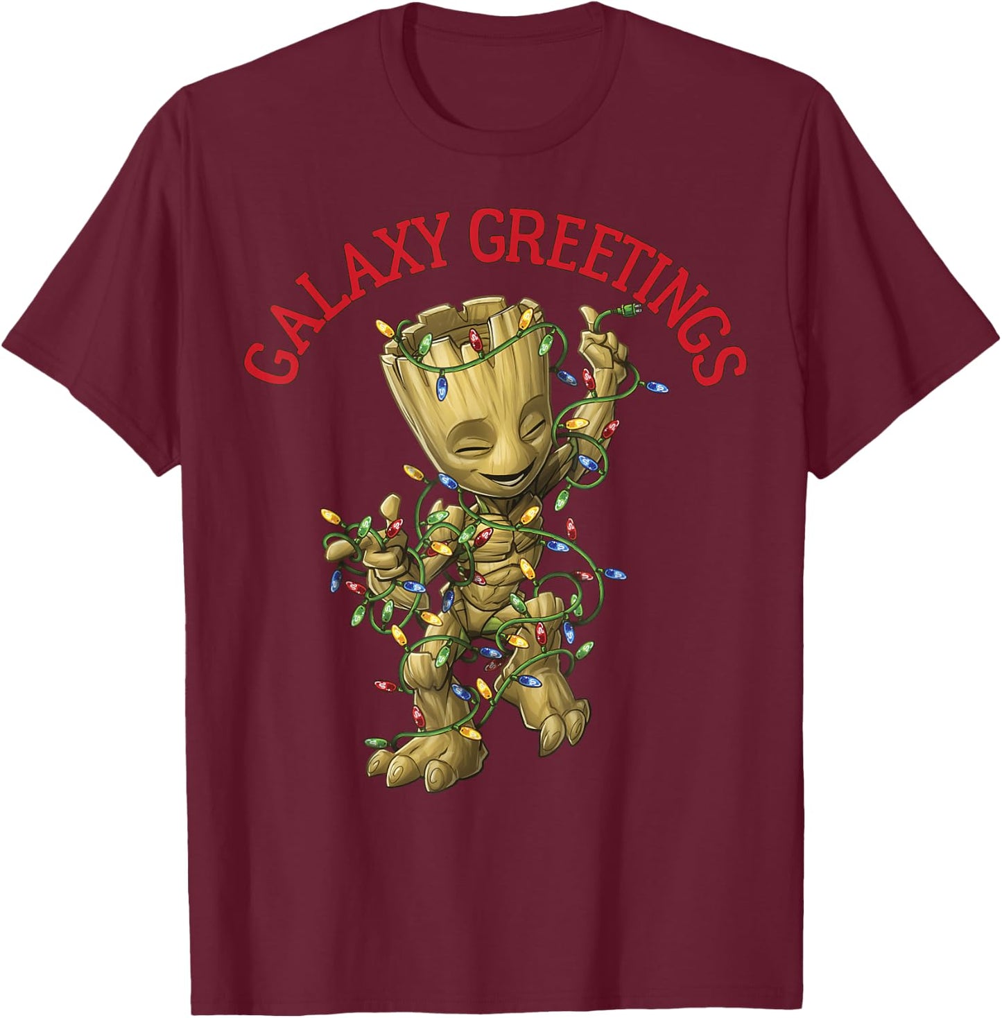 Marvel Christmas Groot Galaxy Greetings Short Sleeve T-Shirt - T-Shirt | Maroon