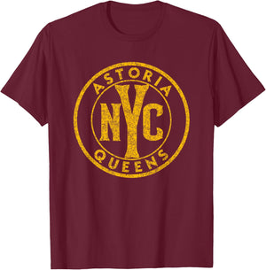 Astoria Queens NYC Circle Sign Distressed Amber Print T-Shirt - T-Shirt | Maroon