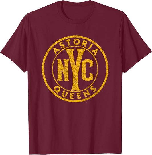 Astoria Queens NYC Circle Sign Distressed Amber Print T-Shirt - T-Shirt | Maroon