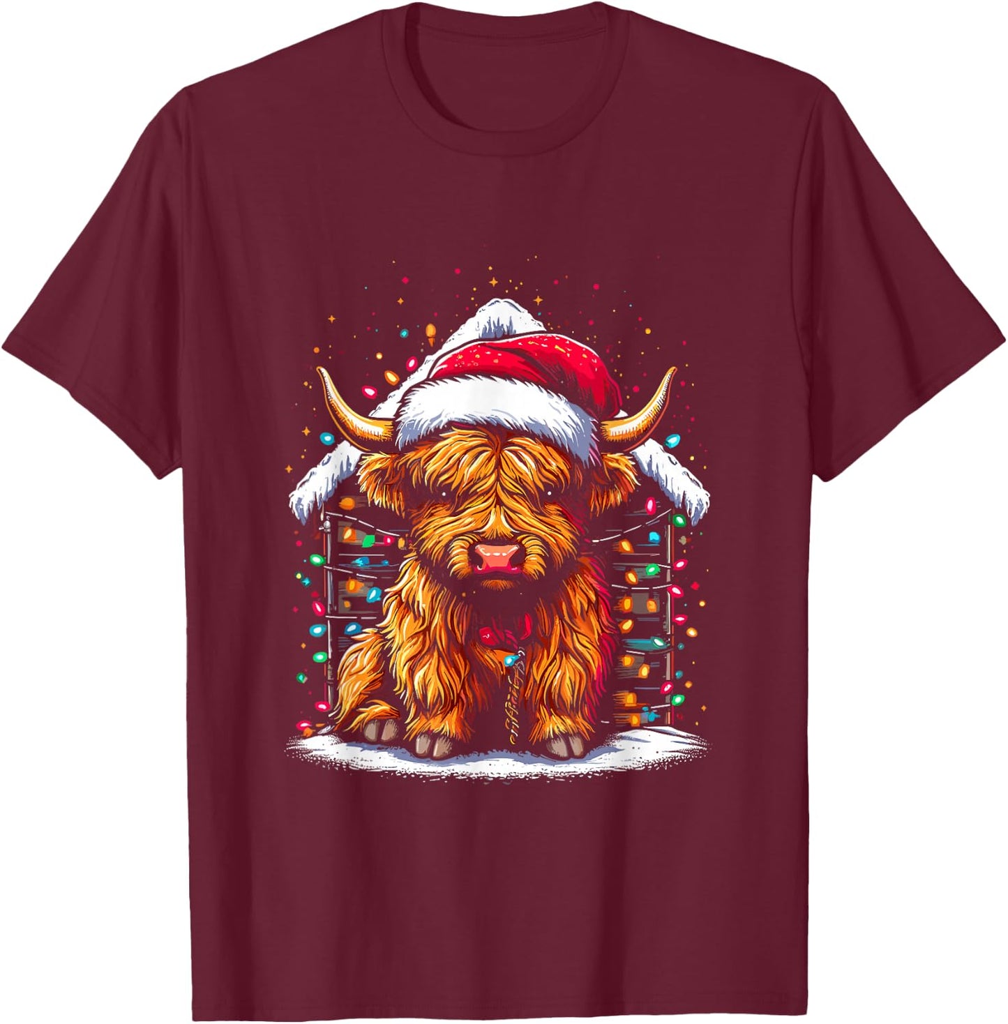 Highland Cow Santa Claus Hat - Cute Xmas Cow Christmas Lover T-Shirt - T-Shirt | Maroon