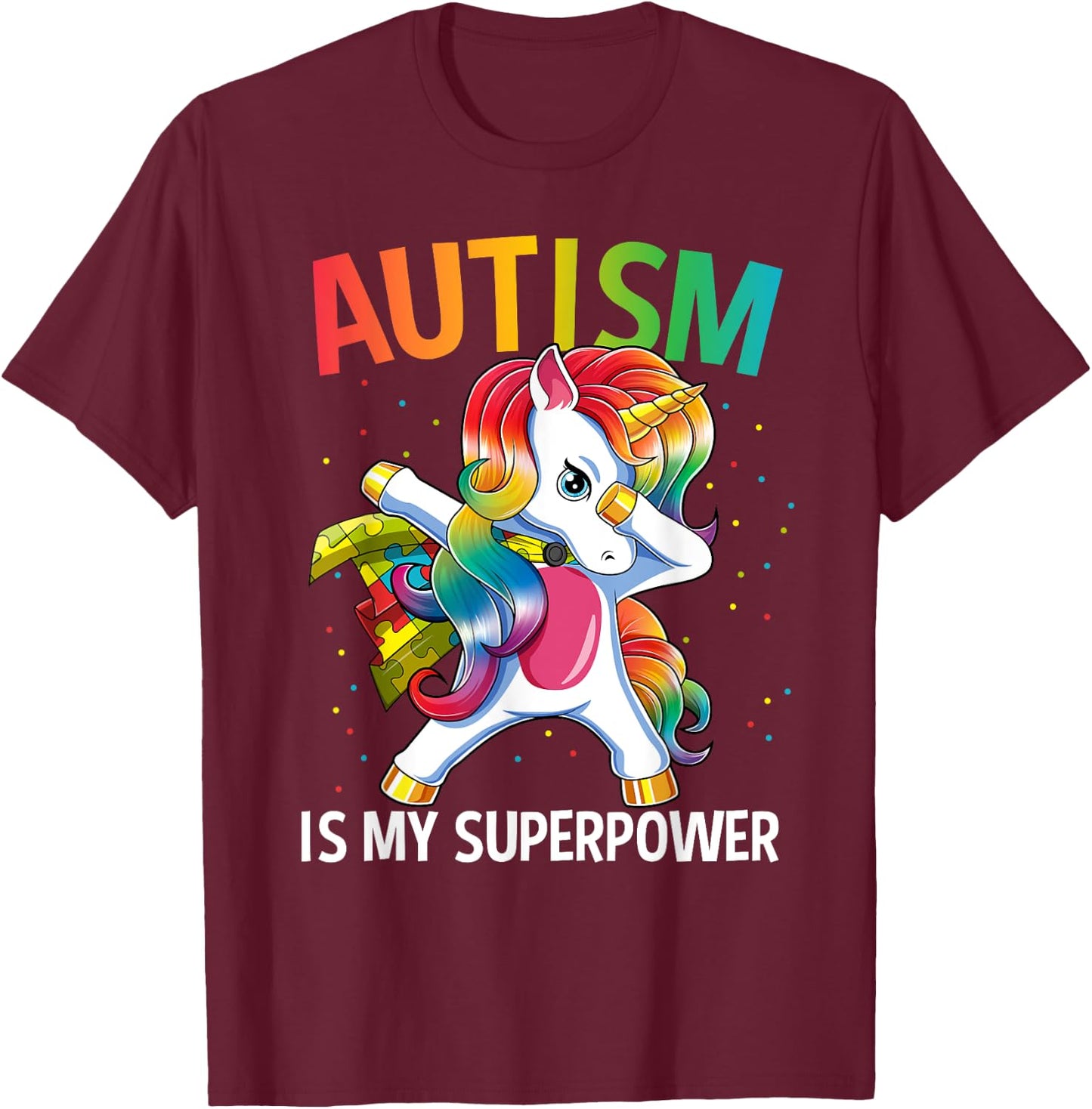 Autism Is My Superpower Dabbing Unicorn T-Shirt - T-Shirt | Maroon