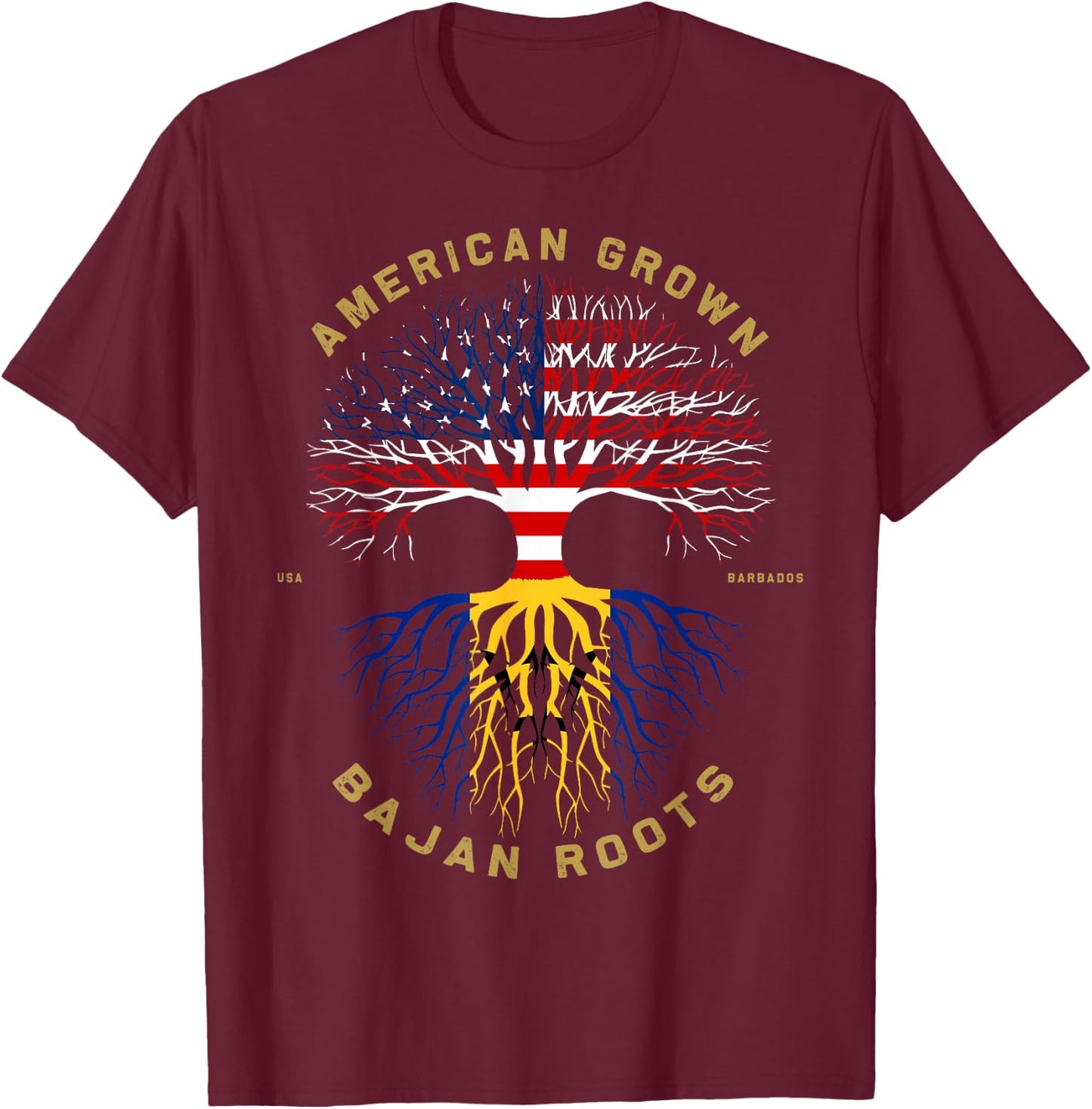 American Grown With Bajan Roots Tree USA Flag Unique Gifts T-Shirt - T-Shirt | Maroon