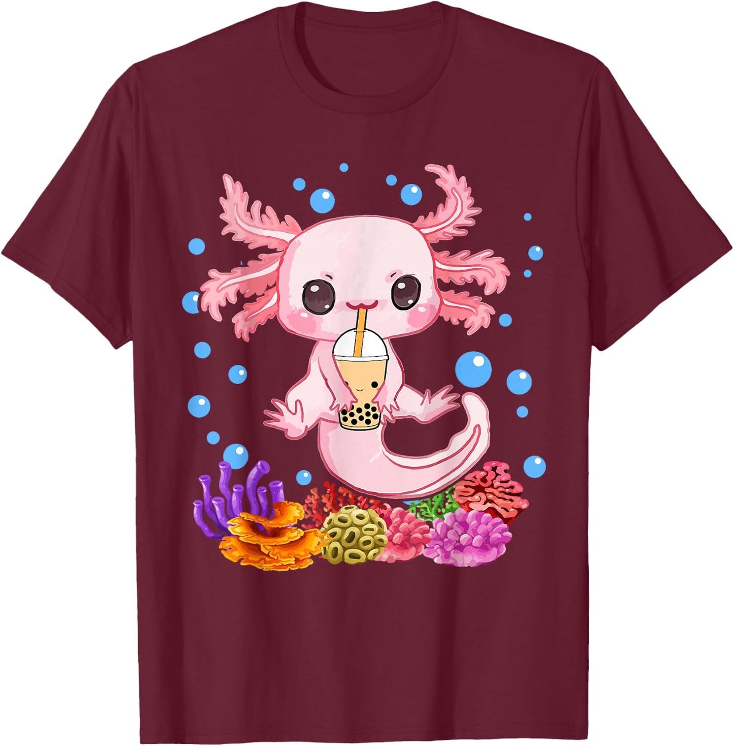 Axolotl Boba Tea Bobalotl Kids Teen Girl Cute Graphic Kawaii T-Shirt - T-Shirt | Maroon