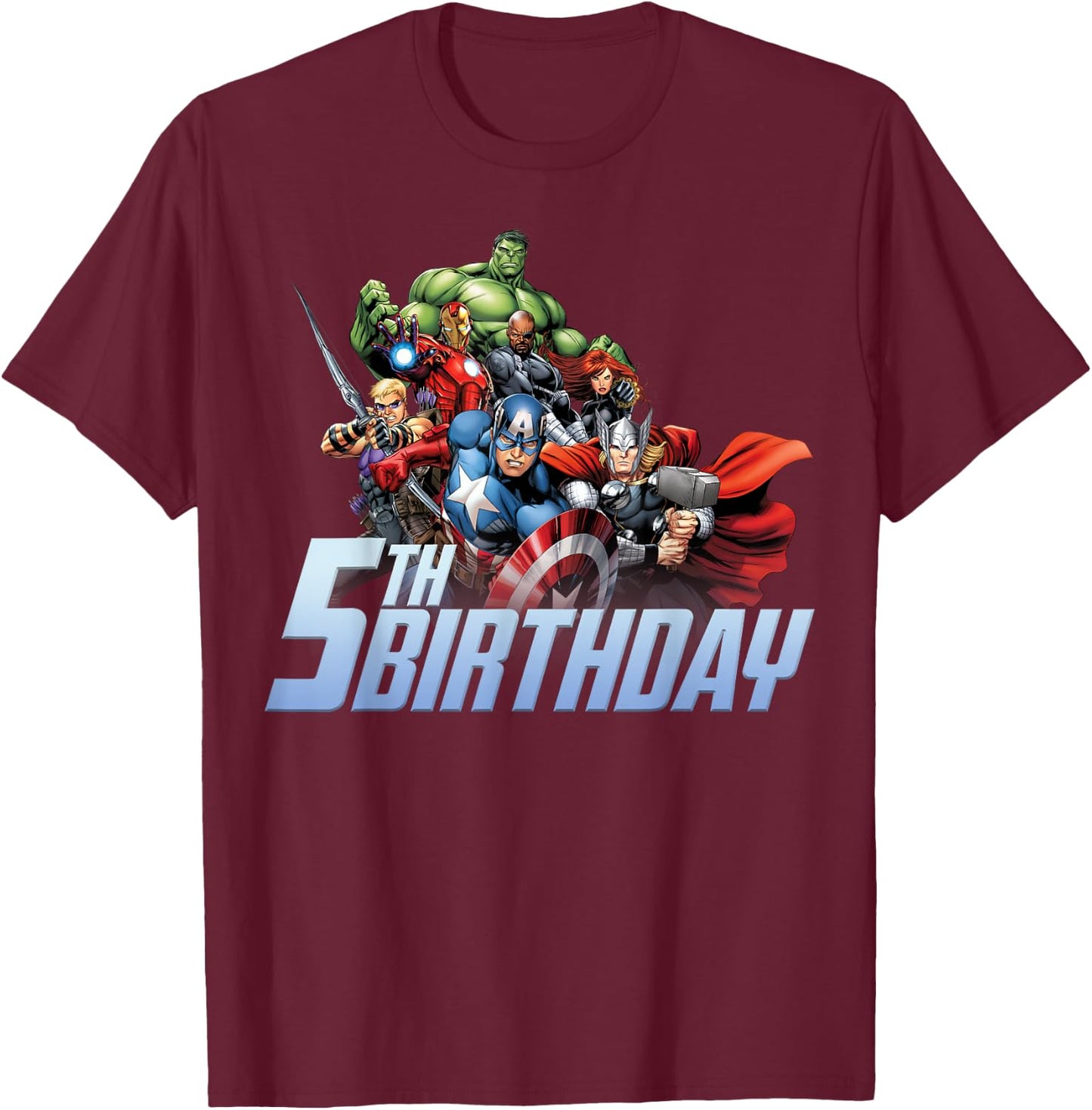 Marvel Avengers Action Shot 5th Birthday T-Shirt - T-Shirt | Maroon
