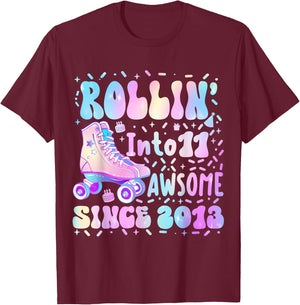 Roller Skate 11th Birthday Rolling Into 11 Since 2013 Girls T-Shirt - T-Shirt | Maroon